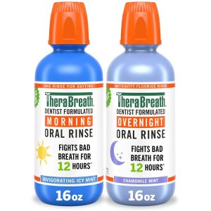 TheraBreath AM + PM Mouthwash Bundle, Morning & Overnight Rinses, 16 Fl Oz, 2-Pack